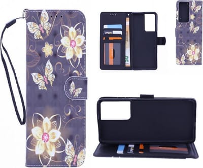 Bookcase Geschikt voor: Samsung Galaxy S21 Ultra hoesje met print - Butterflies And Flowers 3D