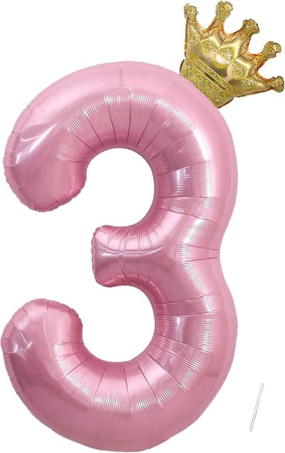 Verjaardag folieballon cijfer 3 met kroon roze - 101 cm - meisjes verjaardag decoratie - helium ballon feest decoratie - bruiloft jubileum feestviering.
