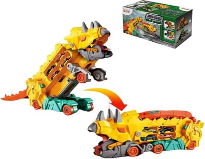 Kiddel XL Dinosaurus race track auto inclusief 4 raceauto's, geel - Uitklapbaar en bestuurbare dino auto / truck - Kinderspeelgoed vanaf 3 jaar