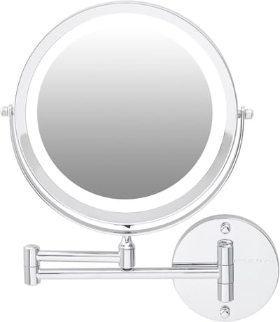 Rond Verlichte Wandmake-up Spiegel 9" met 1X/7X Vergroting, Draadloze Dubbelzijdige Vergrotende Spiegel, 360° Draaimogelijkheid, Uittrekbare en Vouwbare Arm, Gepolijst Chroom