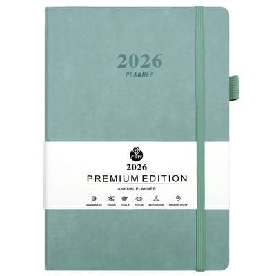 A5 Planner 2026 - Dagelijkse/Wekelijkse/Maandelijkse Agenda Met Maandelijkse Index - PU-Leren Kaft, 192 Pagina's - Mistblauw - Pennenhouder En Elastische Band Voor School, Kantoor En Thuis