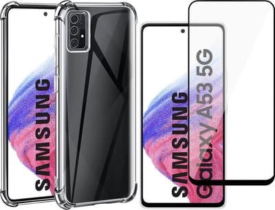 Hoesje geschikt voor Samsung Galaxy A53 - Anti Shock Proof Siliconen Back Cover Case Hoes Transparant - Full Tempered Glass Screenprotector