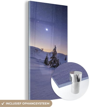 MuchoWow® Glasschilderij 20x40 cm - Schilderij acrylglas - Winter - Sneeuw - Nacht - Bomen - Foto op glas - Schilderijen