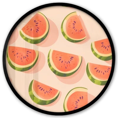 Poster in lijst Rond - Fotolijst 40x40 cm - Posters - Watermeloen - Schijfjes - Pitten - Rood - Ronde posterlijst zwart - Decoratie - Wanddecoratie woonkamer - Muurdecoratie slaapkamer