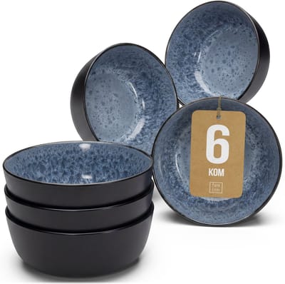 Pure Living Ibiza Dark Set Van 6 Kommen - 700ml - Rookblauw - Aardewerk - Vaatwasserbestendig - Magnetronbestendig