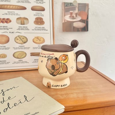 Schattige Kapibara Mok met Deksel en Lepel Hoge Precisie Keramische Beker Huis Koffiekop Praktisch Verjaardagscadeau Idee Duurzaam 301-400ml