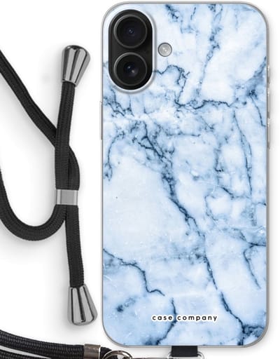 Case Company® - Hoesje met koord geschikt voor iPhone 16 Plus hoesje met Koord - Blauw marmer - Telefoonhoesje met Zwart Koord - Bescherming aan alle Kanten en Over de Schermrand