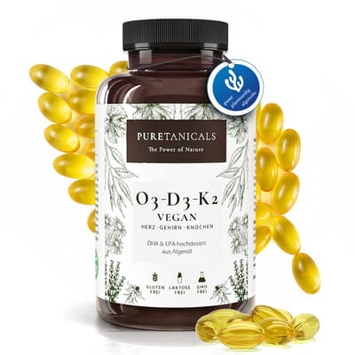 PURETANICALS Omega 3 VEGAN + Vitamine D3 + K2 MK7 All-Trans | 180 Capsules hoog gedoseerd Premium Essentials O3-D3-K2 – Algenolie met essentiële EPA- & DHA-vetzuren | Omega3 Algae Oil druppels