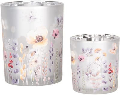 Clayre & Eef Theelichthouder Set van 2 Ø 7x8 / 10x13 cm Grijs Glas Bloemen
