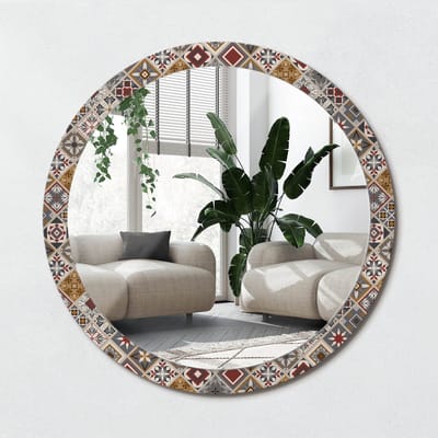 Wallfluent Bedrukte Ronde Spiegel - Ronde Wandspiegel Decoratieve Print Turks Patroon - 100 cm / 86 cm - Veelkleurig - Veelkleurig Ronde Spiegel Met Bedrukte Lijst - Slaapkamerspiegel - Badkamerspiegel - Gang - Kleedkamer - Spiegel Met Haken