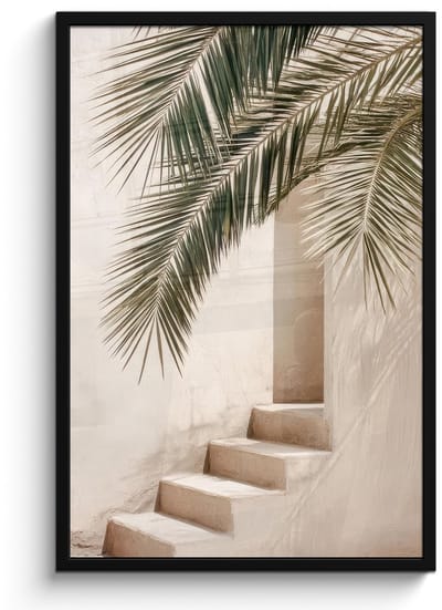 Poster in lijst - Fotolijst 60x90 cm - Posters - Palmboom - Schaduw - Trap - Beige - Posterlijst zwart - Decoratie - Wanddecoratie woonkamer - Muurdecoratie slaapkamer
