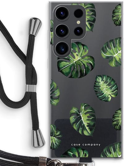 Case Company® - Hoesje met koord geschikt voor Samsung Galaxy S23 Ultra hoesje met Koord - Tropische bladeren - Telefoonhoesje met Zwart Koord - Bescherming aan alle Kanten en Over de Schermrand