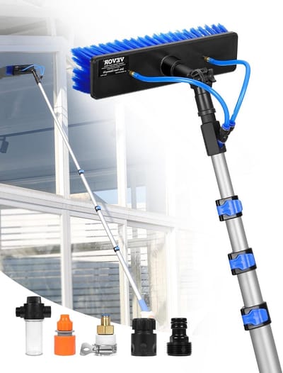 Telescopische reinigingsstang - Uitschuifbare borstel - Ramen en panelen - Wateraangedreven met slang - Tot 6 meter - Blauw