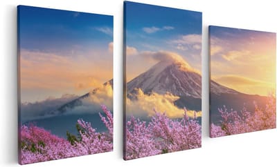 Artaza Canvas Schilderij Drieluik Fuji Berg Met Roze Bloesembomen - Bloemen - 120x60 - Foto Op Canvas - Canvas Print