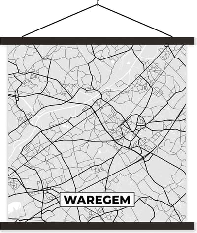 Posterhanger incl. Poster 60x60 cm - Schoolplaat - Plattegrond – Waregem – Zwart Wit – Stadskaart - Kaart - Textielposter - Zwarte latten - Stadskaart