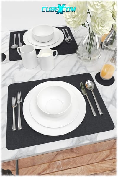 CUBEXCOM® Luxe Placemats Lederlook, Placemat 12 Stuks, Dubbelzijdig, Laag van Stof en Leer, Hittebestendig, Anti-Slip, Rechthoekig, Vegan Leer, PU Leer, 6 X Placemat, 6 X Onderzetter, 43x32 Cm, ZWART