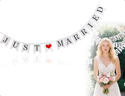 Dailygoods- Bruiloftslinger Just Married - Feestdecoratie - Wimpelketting - Papieren Hoekvlaggen - Huwelijksaanzoek - Robuust Materiaal