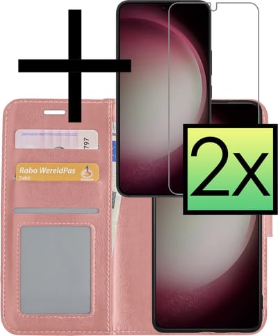 Hoesje - Met 2x Screenprotector - Geschikt voor Samsung Galaxy S23 - Luxe Pasjeshouder - Bookcase Portemonee - Flip Case - Kunstleer Book Case - Flipcase Hoes - Book Cover - Walletcase - Portemonneehoes - Rosé goud