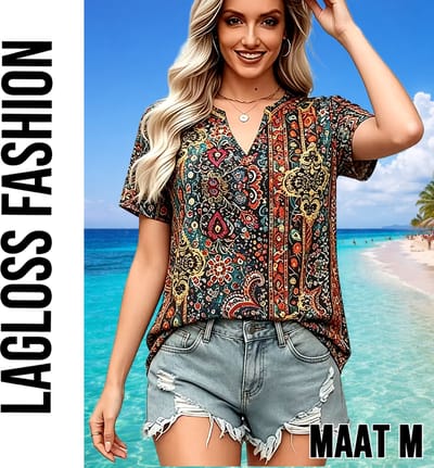 LaGloss® Elegante Paisley Blouse Dames – Bohemian Zomertop met V-Hals – Retro Print – Korte Mouw – Maat M