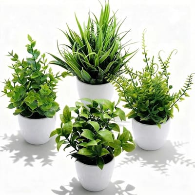 Set van 4 Kleine Kunstplanten voor Binnen - Decoratieve Mini Planten voor Keuken, Slaapkamer en Kantoor - Ideaal voor Thuisdecoratie en Groene Accenten