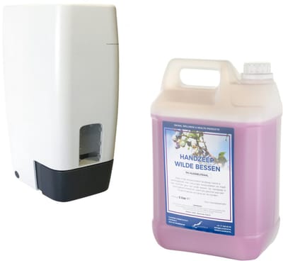 Zeepdispenser 1 liter kunststof hervulbaar + 5 liter handzeep Wilde Bessen