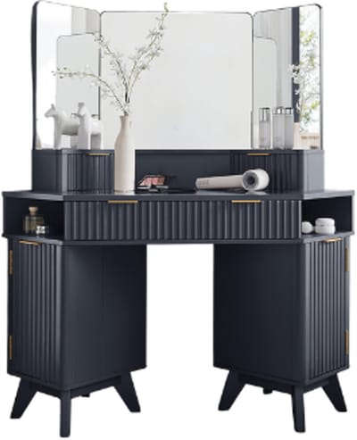 Kaptafel- Make-up Tafel-Kaptafel met geribbeld blad en drievoudige spiegel-121,92 cm grote hoekkaptafel met glazen blad, 3 lades, opbergkastjes en planken-Donker grijs.