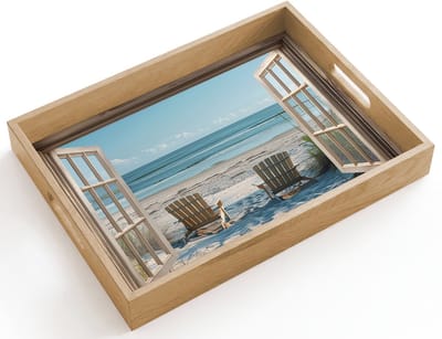 Dienblad hout 40x30 cm - Schootdienblad - Doorkijk - Strandstoelen - Duinen - Zee - Natuur - Borrelplank rechthoek - Plateau dienbladen