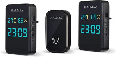 Halmaz Draadloze deurbel – Zwart – Led verlichting - IP44 Waterdicht – 38 Melodieën – Bereik 200 meter – Tijd - Temperatuur - Luchtvochtigheid - 2 ontvangers