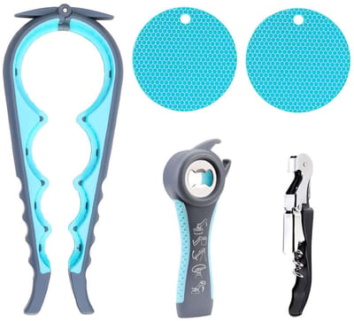TOVBMUP 5 in 1 Multi Grip Opener - Dopopener- Blikopener - Pottenopener - Schroefdopopener - Blauw