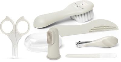 Suavinex Birdies Baby Verzorgingsset - Toilettas met 6 Onderdelen: Borstel, Kam, Tandenborstel, Schaar, Vijl en Nagelknipper - Vanaf de Geboorte - Compact voor Onderweg - Beige