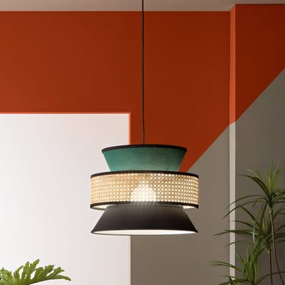 Luce Ambiente Design Hanglamp Gazebo, groen/zwart/naturel, Ø 40 cm, stof/rotan