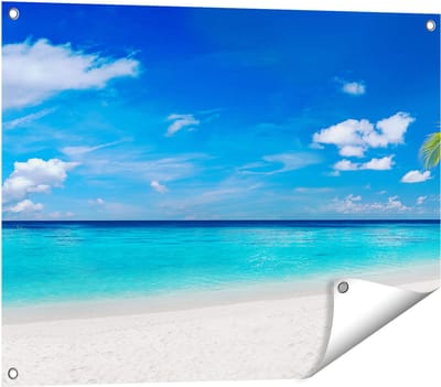 Gards Tuinposter Tropisch Strand met een Palmboom - 80x60 cm - Tuindoek - Tuindecoratie - Wanddecoratie buiten - Tuinschilderij