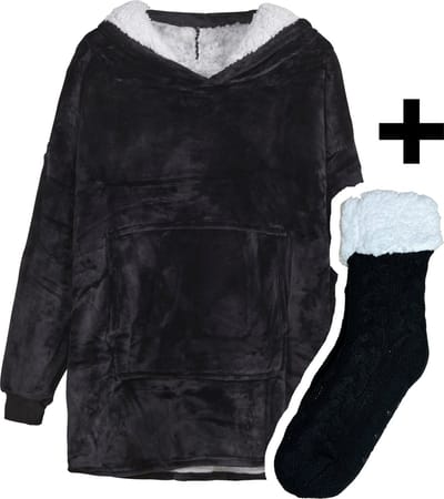 Zoem - Fleece deken met mouwen Zwart - inclusief fleece sokken - combi deal - fleece plaid - sweater - 280 gsm - trui - Snuggle Hoodie - Oversized fleece - wintertrui