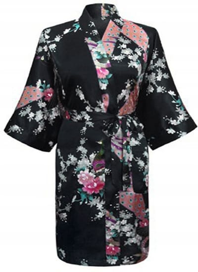 KIMU® Kimono Zwart Kort - Maat XS-S - Yukata Satijn Boven de Knie - Korte Zwarte Ochtendjas Japanse Kamerjas Sexy Satijnen Badjas Geisha 152 158 164 J Festival