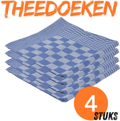 Theedoeken Set – 4 Stuks – Blauw Geruit – 100% Katoen – 65x65 cm – Vaatdoek - Handdoek - Geblokt - Blokdoeken - Keukendoeken voor Afwassen en Drogen