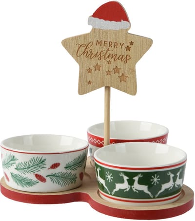Decoris - Kerst - Tapasschaaltjes - Set van 3 Schaaltjes in houder - Porselein en FSC - H 20cm