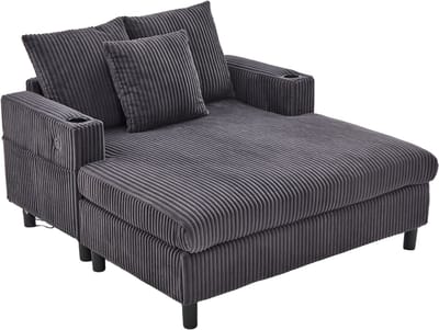 REDOM - Relaxfauteuil Met Diepe Zitting En USB-Aansluiting - Modern - Voor Woonkamer - Ribfluweel - Donkergrijs - 142 X 128 X 85 Cm