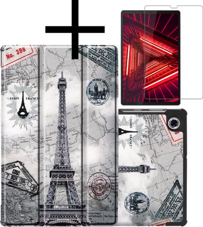 Hoes - Geschikt voor Lenovo Tab M10 FHD Plus (2e / 2nd Generatie) - Met Screenprotector - Trifold Bookcase - Hard Cover - Hardcover Book Case - Tablet Hoesje - Eiffeltoren