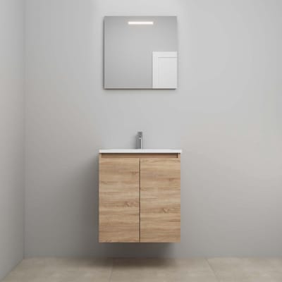 On-Line Badkamermeubelset - 60 cm - Bouwpakket - Greeploos 2 Deuren - Acryl Wastafel - 1 Kraangat - Spiegel met LED-Verlichting - Eiken