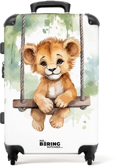 NoBoringSuitcases.com® - Kinderkoffer - Kindertrolley jongen en meisje - Leeuw op een schommel in de jungle - Koffer kind groot - Rolkoffer lichtgewicht - Reiskoffer met 4 wielen - Grote trolley XL - 20 kg bagage
