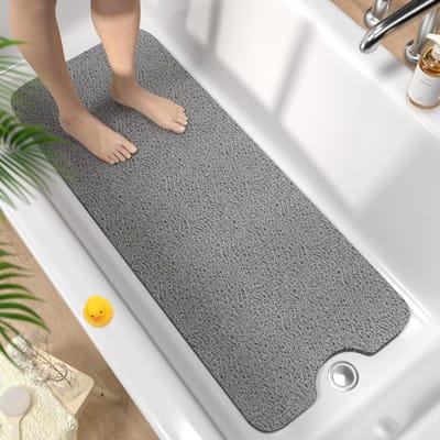 Extra lange antislip douchemat 100 x 40 cm, zachte PVC badmat met afvoer, snel drogend en ideaal voor natte ruimtes, grijs
