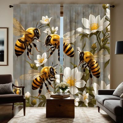 2 pièces Rideau décoratif HD Abeilles dans les fleurs Rideau imprimé numérique à nouer jaune Décoration de style décoration de maison salon be W52H63inchW132H160cm beige