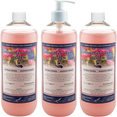 Handzeep Crème Rozen 1 liter - set van 3 stuks - met gratis pomp - Voordeelverpakking