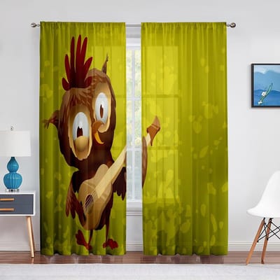 Rideaux de fenêtre transparents en tulle colorés avec des hiboux de dessin animé assis sur une branche pour salon chambre à coucher rideaux modernes en tulle voile décor 1 PCS W100XH250cm&Grommet Top