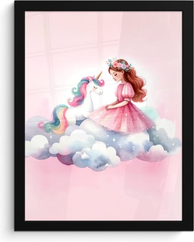 Poster in lijst - Fotolijst 30x40 cm - Posters - Eenhoorn - Prinses - Unicorn - Roze - Wolken - Posterlijst zwart - Kamer decoratie - Wanddecoratie kinderkamer - Muurdecoratie babykamer