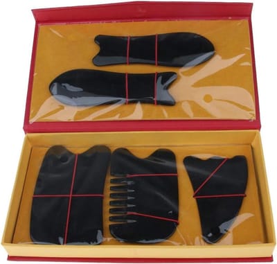 Guasha Set - Schraap Gereedschap - Lichaamsmassage - Natuurlijk Materiaal - 5 Delen - Zwart