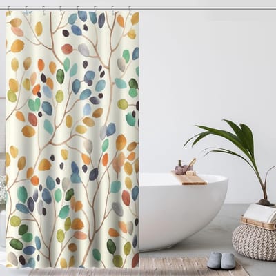 Bloemendouchegordijn voor badkamer, kleurrijk bladerengordijn, badkamer decoratief, douchegordijnset met gordijnhaken-120cm x 200cm