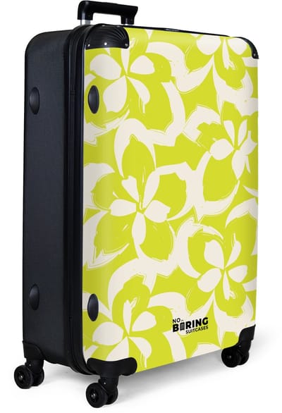 NoBoringSuitcases.com® - Koffer groot - Reiskoffer lichtgewicht - Geel met witte bloemen - Rolkoffer met 4 wielen - Grote trolley XL - 98 liter bagage