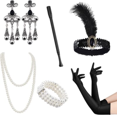 1920s Kostuum Accessoire Set voor Dames, 6-delige Flapper Set met Hoofdband, Handschoenen en Sieraden voor Great Gatsby Feestjes