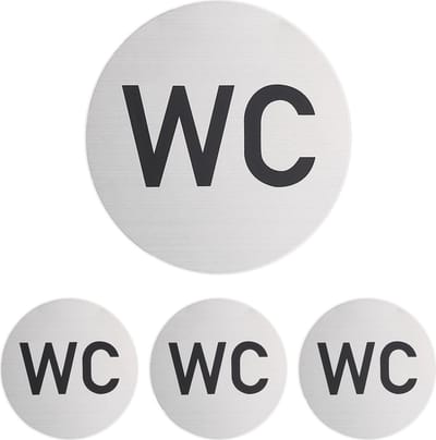 wc bordje - set van 4 - rond - zelfklevend - Ø 10 cm - badkamer en toilet - aluminium deurbordje - zilver